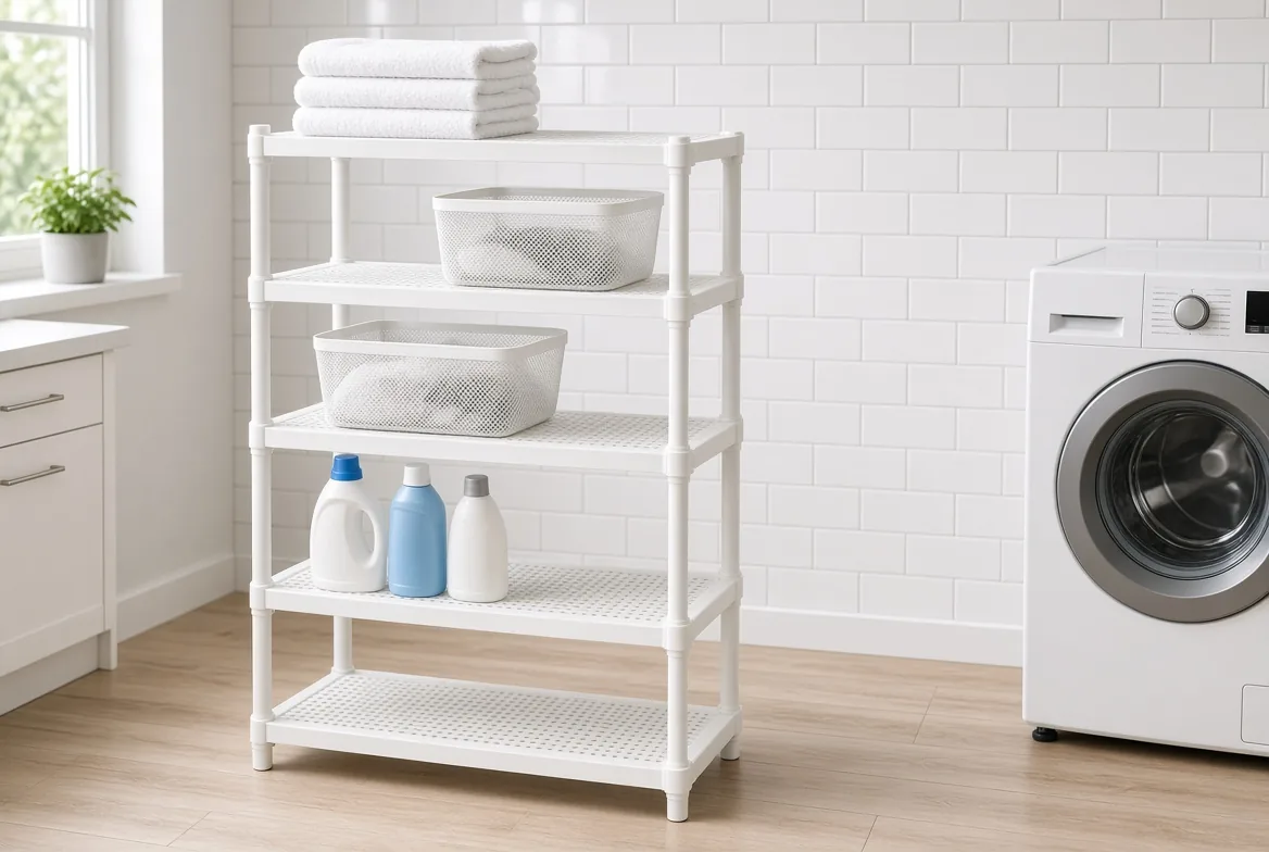 White plastic shelving unit in a laundry room